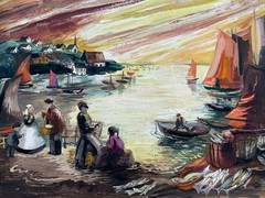 ANTIQUE WPA ERA PAINTING PORTRAIT Coastal Fisherman Town LISTED FAMOUS ALEXANDER