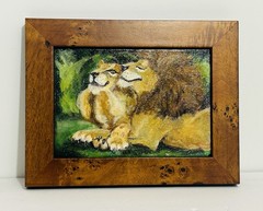 Original Lion And Lioness Burl Wood Framed Painting Safari Jungle Wildlife Art
