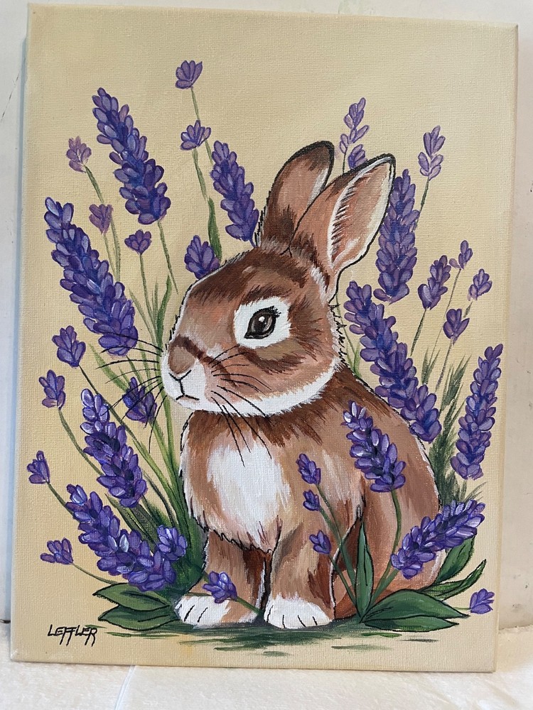 9 x 12 Original Acrylic Painting on Canvas…..“Rabbit and Flowers“