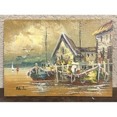 Nautical Coastal Harbor Oil Painting on Board Signed Unframed Fishing Boats 4×6