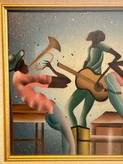 Original Fred Blassingham Painting on Canvas – Jazz Trio – Framed – Signed Art