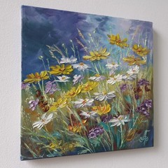 Golden Wildflower Meadow Original Oil Painting Floral Landscape Nature Wall Arts