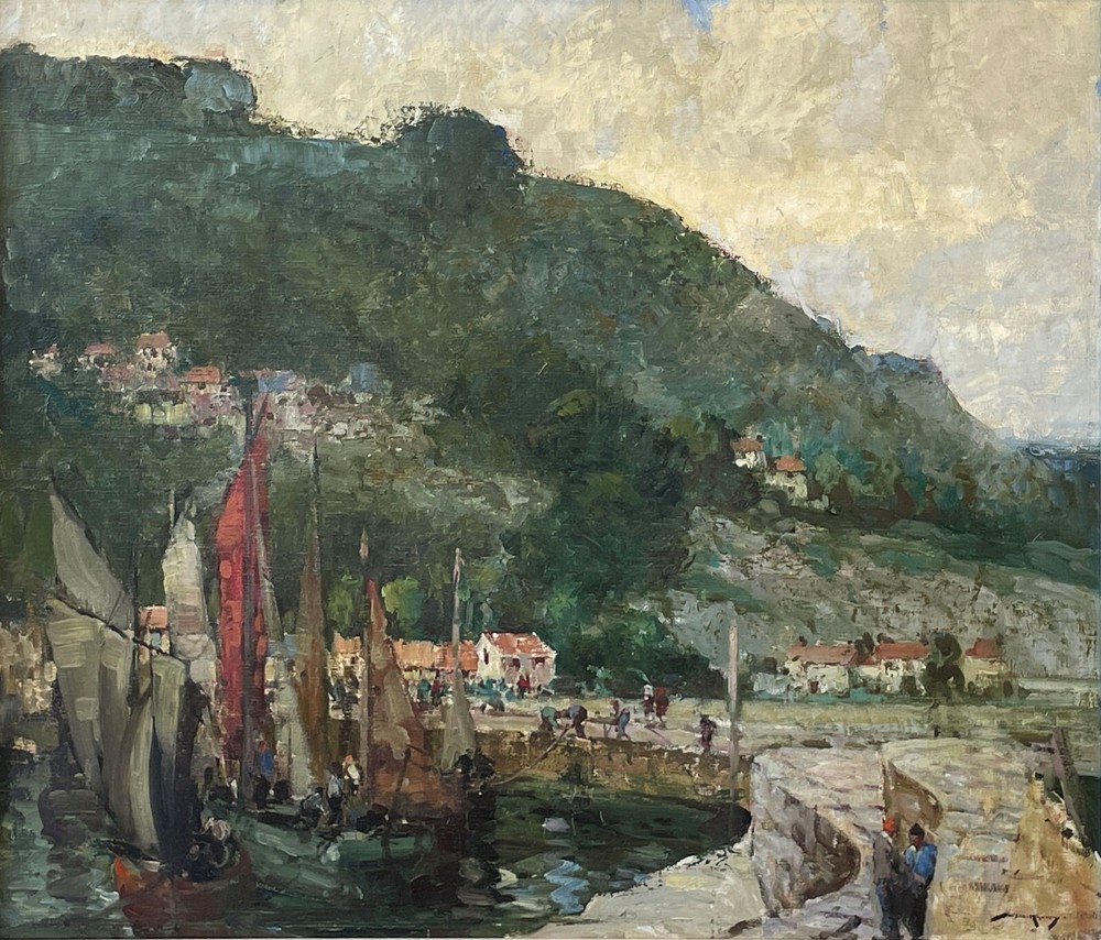 „A Devon Harbor“ William Lee Hankey, Coastal Town Seascape with Boats, England