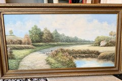 P. Wilson Signed Framed Large Canvas Landscape River Cottage Tree Painting 24×48