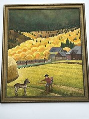 ANTIQUE AMERICAN FOLK ART REGIONALISM PAINTING FARM LANDSCAPE CHILDREN 24 INCH