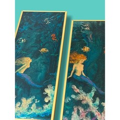 Vintage Set of Mermaid Mixed Media Paintings Framed Pair Coastal Mermaidcore Art