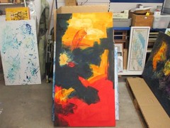 Oil Painting Abstract Red Blue Yellow 150×80 Stretched Canvas Spatulated