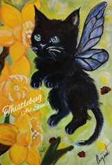 ACEO Fairy Black Miniature Kitten Cat Flowers Daffodils Orinal Signed Artwork