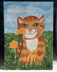 ACEO Original Art Painting Cat In Field Flowers Orange Ginger Spring OOAK ATC