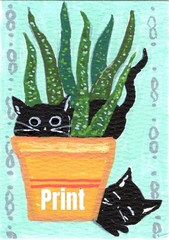 ACEO Art Card PRINT Black Cats House Plants The Secret Life of House Cats #12