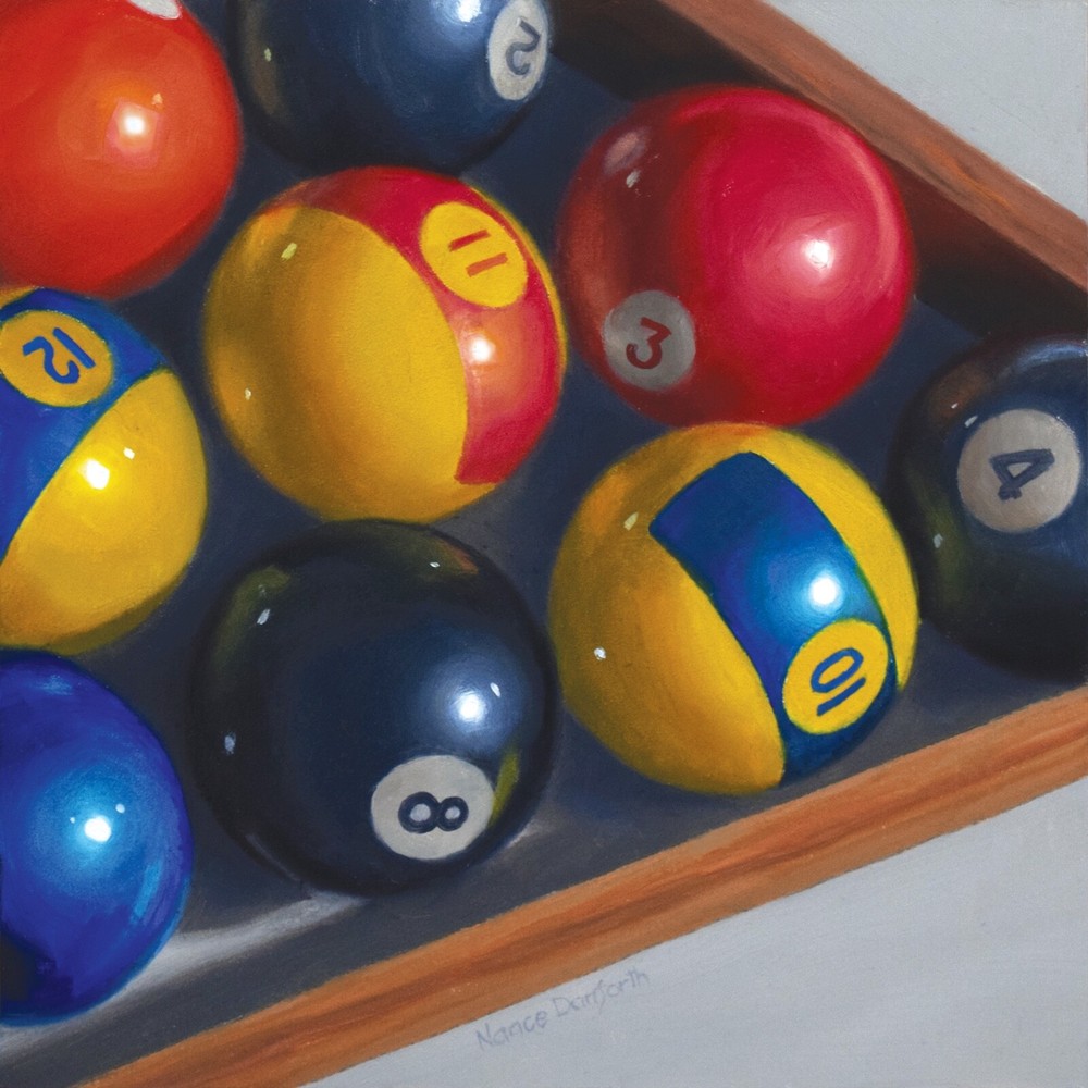 DANFORTH Behind the 8 Ball, 6×6 still life original realism oil painting, pool