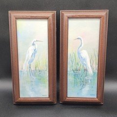 VINTAGE Oak Framed Oil Paintings Pair Egrets In Lake Signed By Artist Aurora