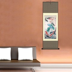 Elegant China Painting Silk Scroll Koi Carp Fish And Lotus Leaf Wall Art