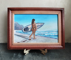 Surfing Girl Seascape Original Oil Painting Framed 5×7 Small Coastal Wall Art