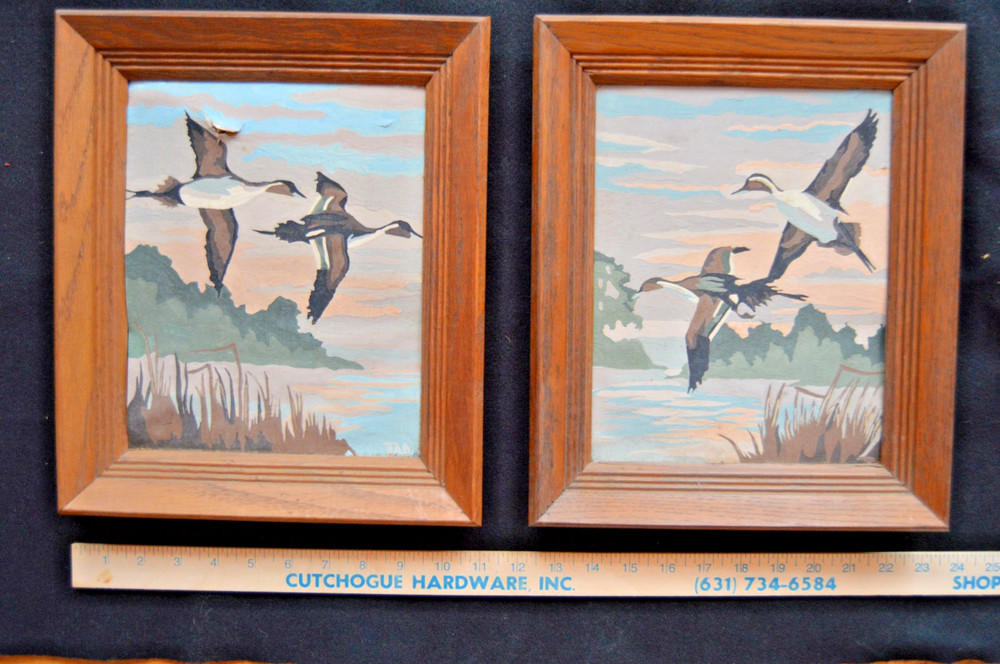 LOT OF 2 Vintage Orig. MCM Signed Paint by Number Paintings Ducks, Costal Scenes