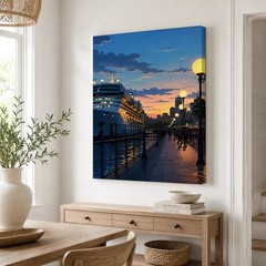 Cruise Ship Sunset Canvas Wall Art Harbor City Travel Decor Print Framed 8*12in