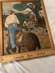 Orig. Vintage Western Hunting Painting Hunter Cowboy Bobcat Cougar Hunting Dogs