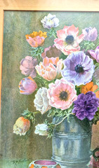 Vtg Artwork Framed Signed Still Life Watercolor Anemones In Pewter Jug Flower