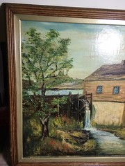 Folk Art Grist Mill Oil on Board Overshot Wheel CT Artist Dorothy E Bardin 1960s