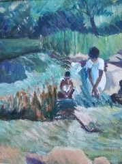 VINTAGE IMPRESSIONISM PAINTING~FIELD WORKERS~SIGNED HOCHSTEIN-LOOK !
