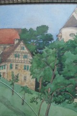 ART NOUVEAU CHURCH IN FRANCONIA ? PAINTING CIRCA 1915 MONOGRAM P.R ANTIQUE FRAME