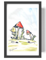 Guajardo Original Art: Fantasy Mushrooms 9X6 Paper Signed Home Decor Art
