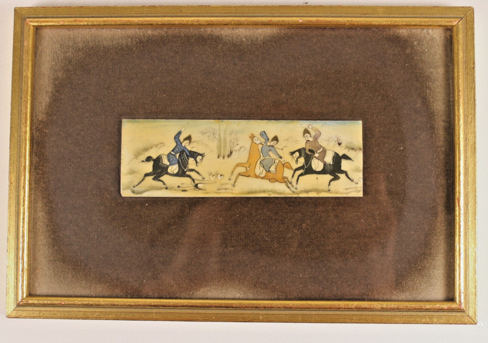 VTG Persian Painting Camel Bone Khatam Inlaid Wood Marquetry Frame Hunting bow