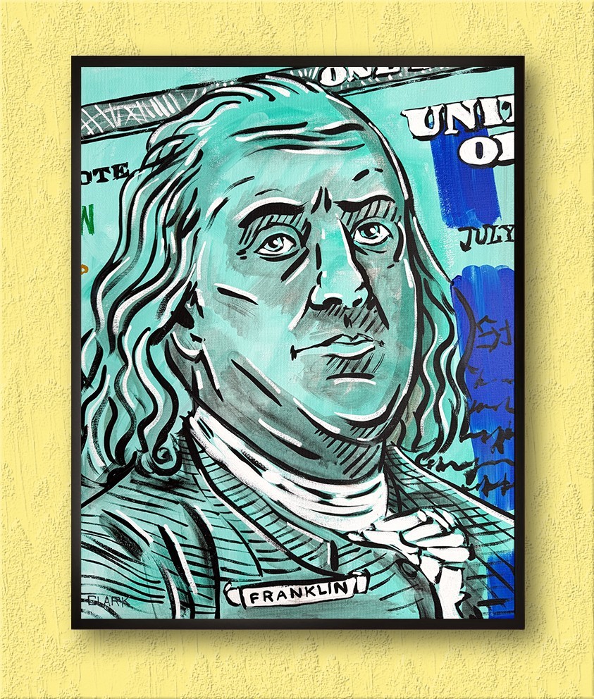 Original Ben Franklin Money Pop Art Acrylic Painting – 20×16″ Stretched Canvas