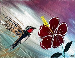 Hummingbird Flower Blue Abstract Signed Mixed Media Art Painting 11×14 Canvas