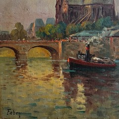 Jean Fabry, Antique French Oil Painting Paris Notre-Dame Cathedral Seine Signed