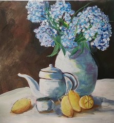 Tea Pot Hydrangea Flowers Colorful Modern Unique Bold Art Acrylic Mixed Media