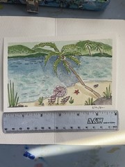 OOAK Watercolor Tropical Ocean Beach Palm Coconut Trees Landscape Painting