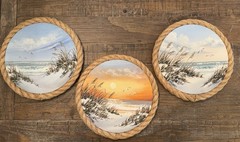 Vtg Acrylic Canvas Ocean Beach House Coastal Nautical Rope Decor Lot Of 3 9” Art