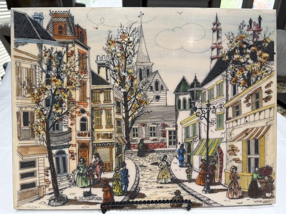 C. Harsha Vintage Victorian Street Store Scene Hand Painted Etching, 16” X 12”