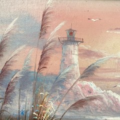 VTG Original Oil Painting On Board Sea Landscape Lighthouse Nautical Signed