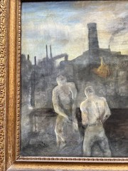 Rare 1936 Antique Ashcan Surrealist Social Realist Painting; Factory Workers