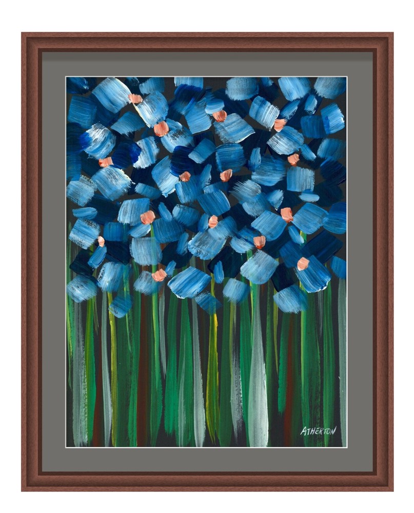 Atherton 9×12 Original Floral Abstract Painting „Stick Flowers 2 Blue“ signed
