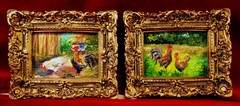 Set of 2 Original Miniature Oil Paintings on Cardboard ROOSTER & HEN Gold Framed