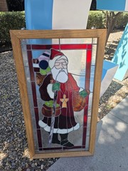 Antique Stained Glass Hanging Window Panel Santa Claus Christmas 37 INCH X 21 IN