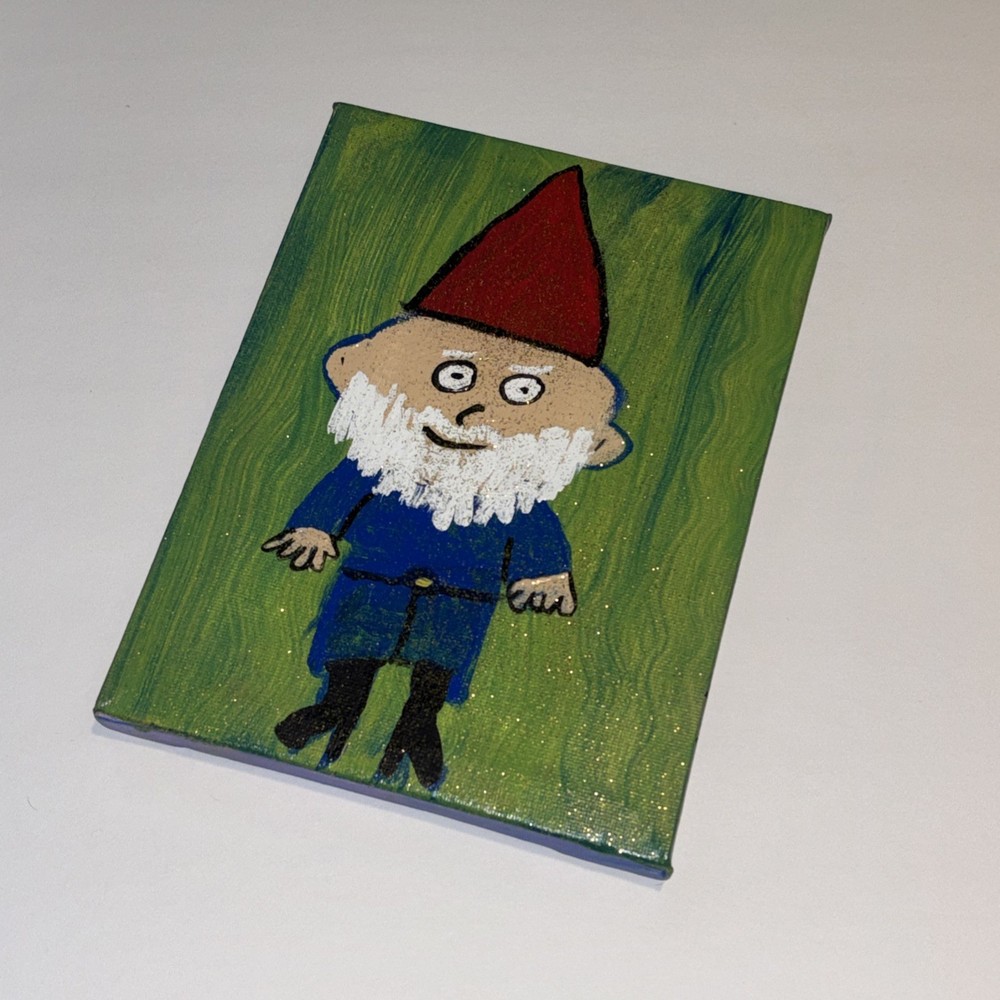 GNOME Original Figural Wall Art Green Acrylic Canvas Glitter Painting NAY