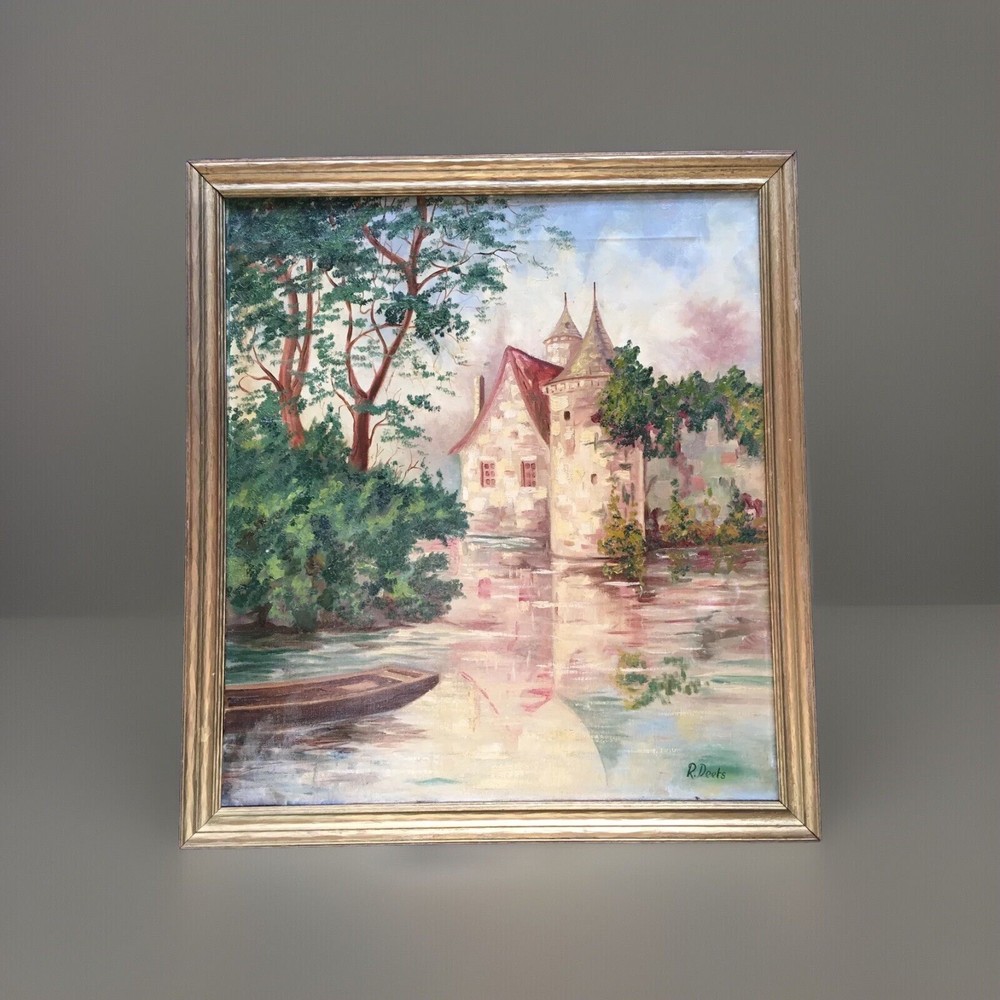 ANTIQUE OIL PAINTING LISTED ROY DEETS CASTLE LANDSCAPE GOLD FRAME 25.5″ X 28.5″
