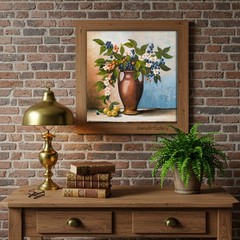 Original Oil Painting Floral Still Life Blue Berries White Blossoms Rustic Art