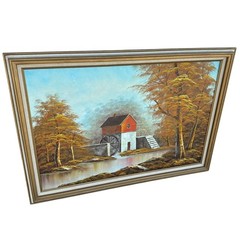 Vintage Water Mill Creek Trees Painting On Canvas 40.5” x 29” Framed Ornate -BUB