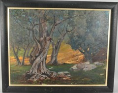 ::ÖLGEMÄLDE BEEINDRUCKENDE BAUMLANDSCHAFT IN DER MORGENDÄMMERUNG