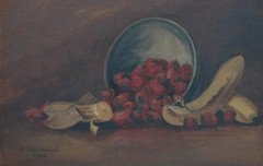 Antique 1906 Oil on Board Still Life With Bananas & Strawberries by C Greenhalgh