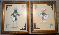 Vintage Kachina Dancer Paintings Pair Native American Style Folk Art Framed