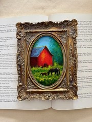 Original Oil Painting Red Barn Horses | Miniature Farm Landscape Wall Decor