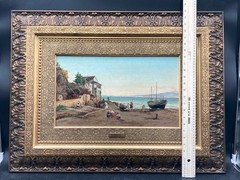 Pietro Gabrini Attributed Sorrento Harbor Italian Coast Antique Oil Painting