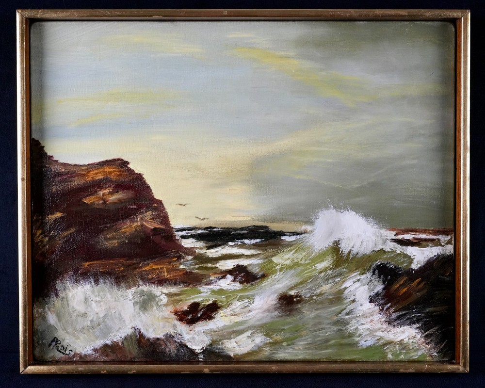 Vintage Framed Original Seascape Oil on Canvas „Waves“ By Pauline Roisman