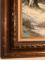Vintage oil on canvas heavy paint impression winter forest scene signed Carter